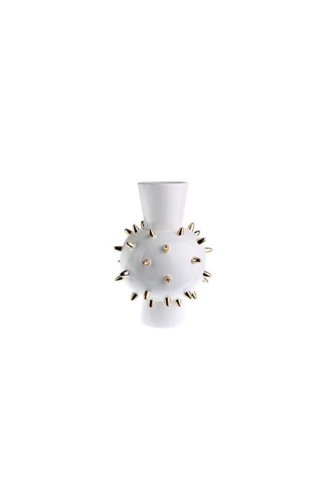Lucky Art Beyaz Gold Dikenli Boğumlu Vazo 25Cm
