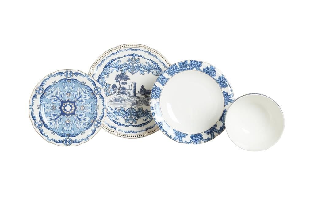 Lucky Art Florance Mavi&Beyaz Desenli New Bone China Porselen 24 parça Yemek Takımı