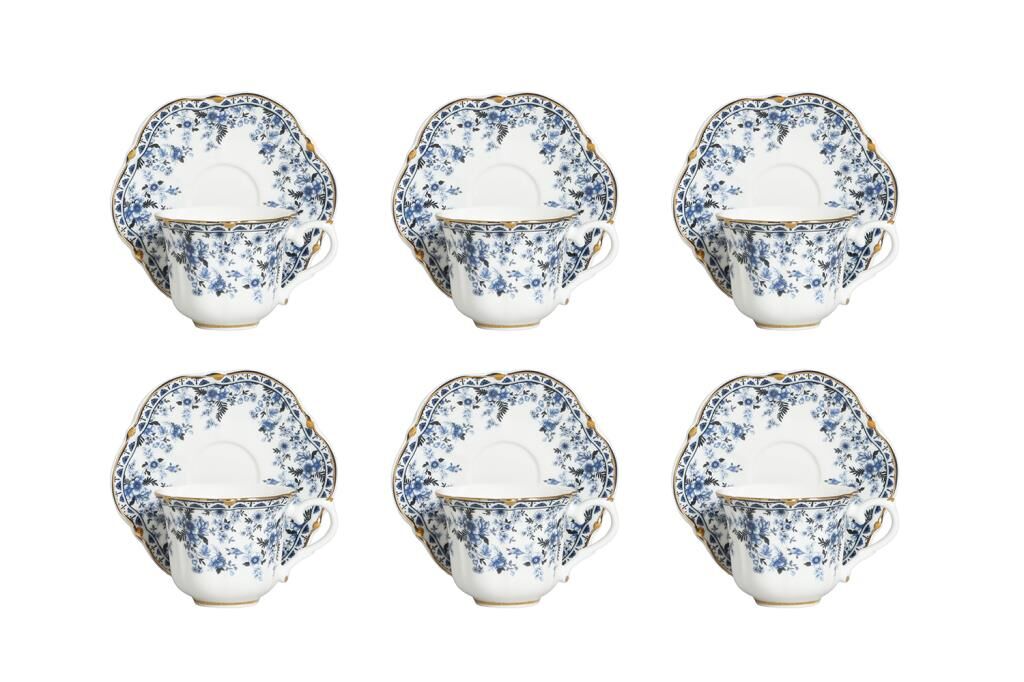 Lucky Art Clarice New Bone China Porselen Mavi Küçük Çiçek Desenli 6 lı Kahve Fincanı Seti
