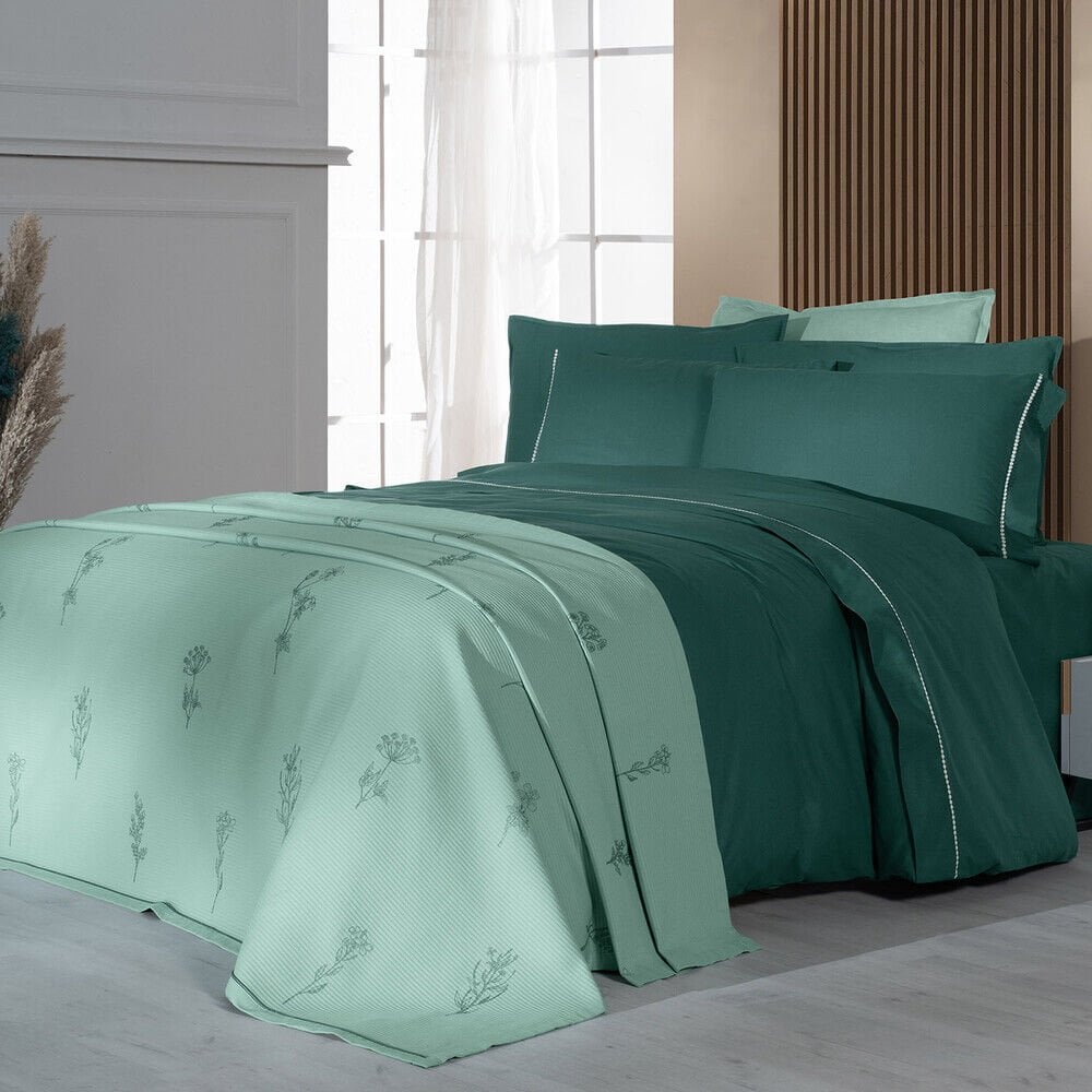 Sarev Eva Eldon Yeşil Çift  Kişilik %100 Pamuk Nevresim Takımı ve Pike Seti-Yeşil