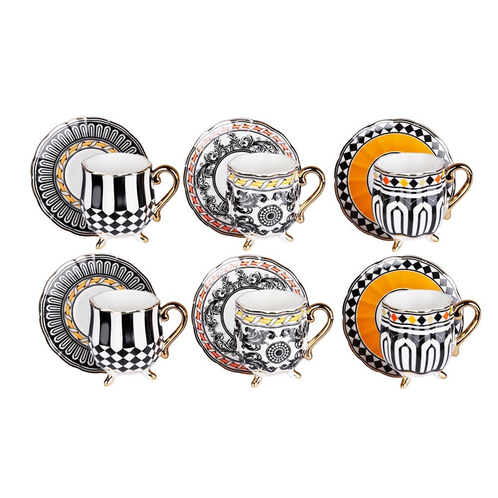 Lucky Art Margery Bone Porselen Barok Desenli 6 lı Kahve Fincanı Seti