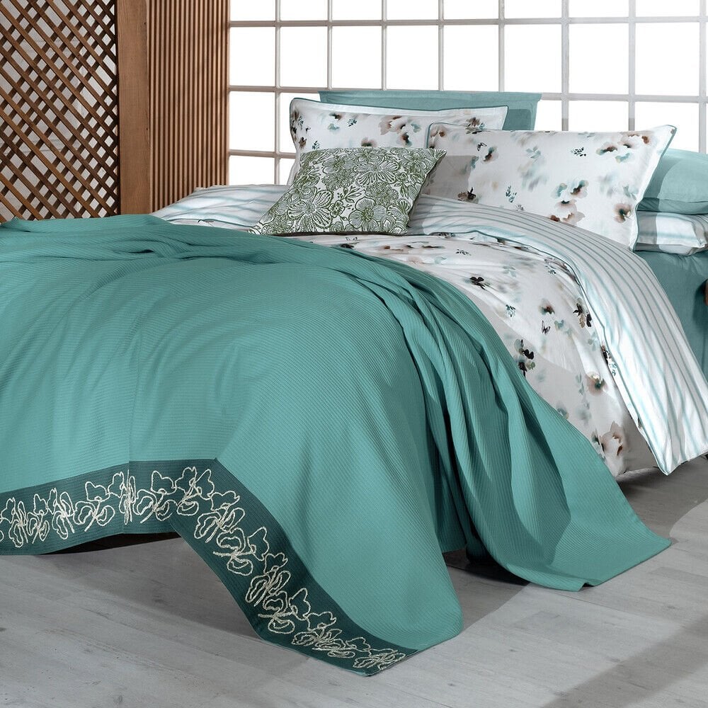 Sarev Eva Jadon Yeşil Çift  Kişilik %100 Pamuk Nevresim Takımı ve Pike Seti-Renkli