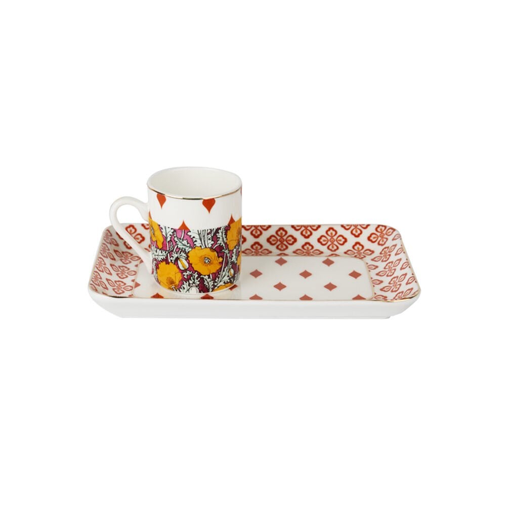 Lucky Art Eliana Bone China Porselen Karışık Desenli Tek Kişilik Tepsili Kahve Fincanı Seti