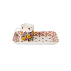Lucky Art Eliana Bone China Porselen Karışık Desenli Tek Kişilik Tepsili Kahve Fincanı Seti