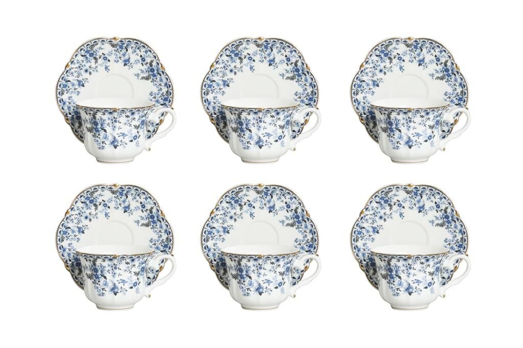 Lucky Art Clarice New Bone China Porselen Mavi Küçük Çiçek Desenli 6 lı Çay Fincanı Seti
