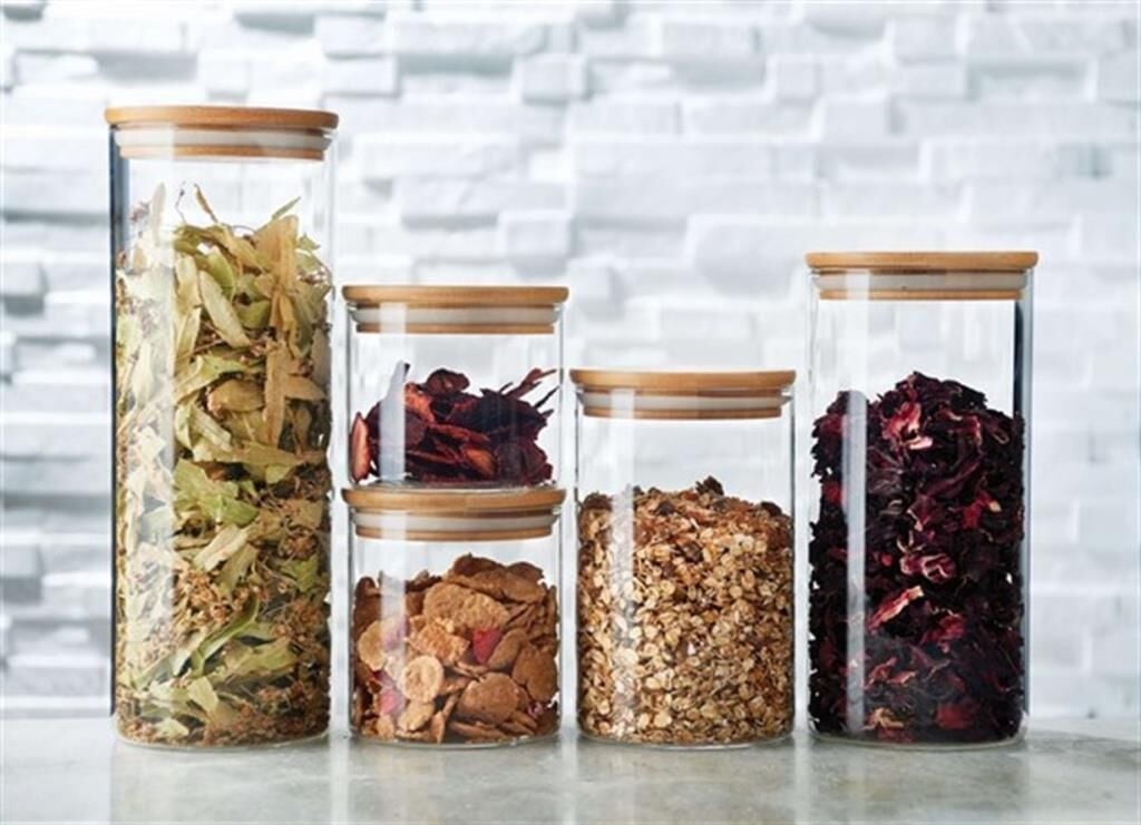 Leggno Vtr709Gcnst Vetro 5Li Bambu Kapak Cam Saklama Kabı Set