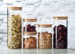 Leggno Vtr709Gcnst Vetro 5Li Bambu Kapak Cam Saklama Kabı Set