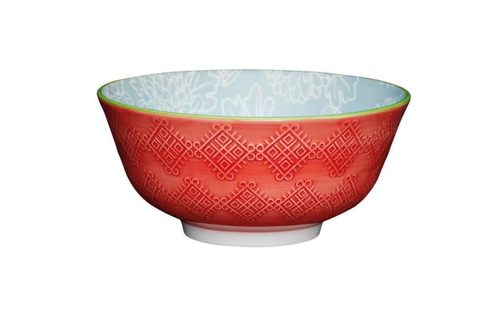 Mikasa KCBOWL13 Sırlı Seramik Gri Çiçek Desenli Kırmızı Kase