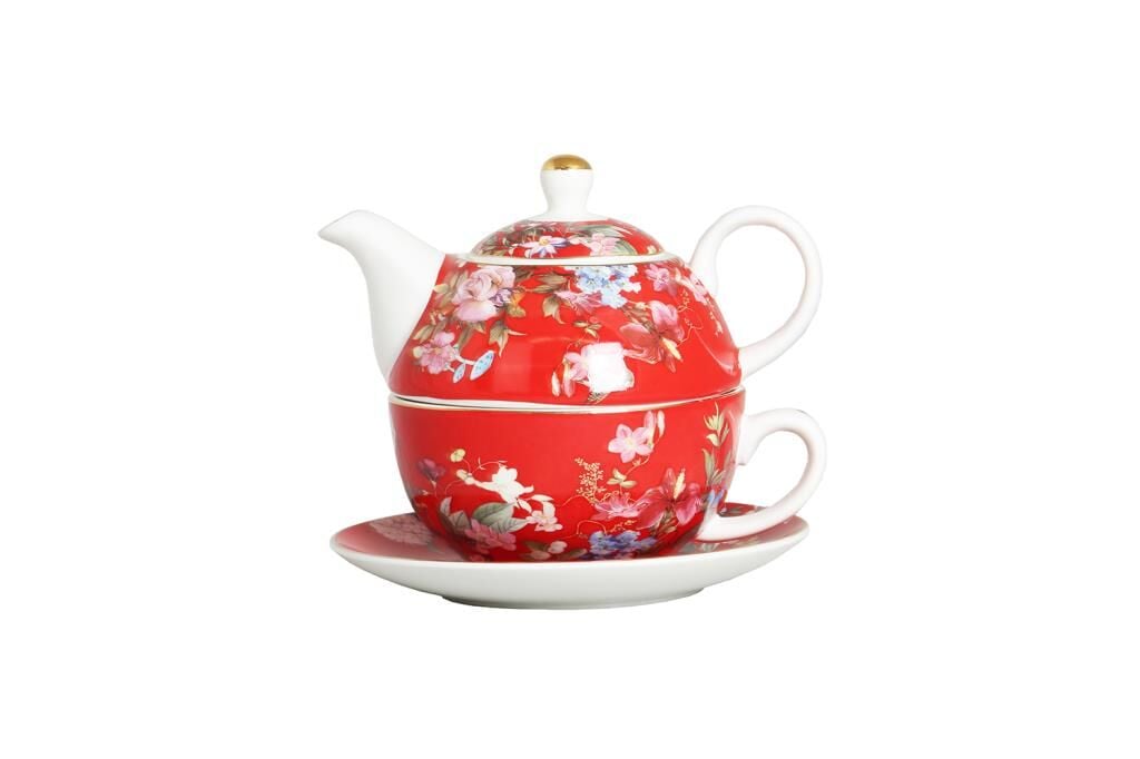 Lucky Art Hilda New Bone China Porselen Kırmızı Çiçek Desenli Tek Kişilik Demlik & Fincan seti