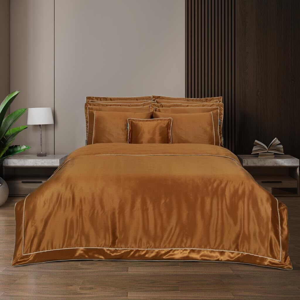 Sarev Clio %100 İpek Saten Hardal Çift Kişilik Nevresim Takımı