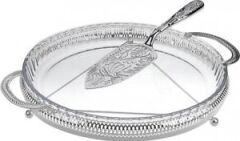 Queen Anne Kulplu Tepsi Camlı Spatulalı Gümüş 35x28cm