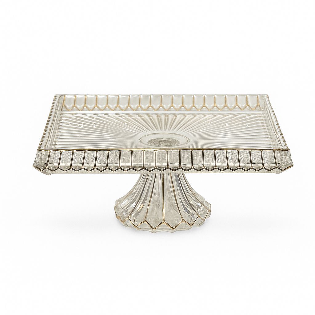 Royking Ayaklı Dikdörtgen Cam Sunum Tabağı 30x25x15cm Şeffaf/Gold