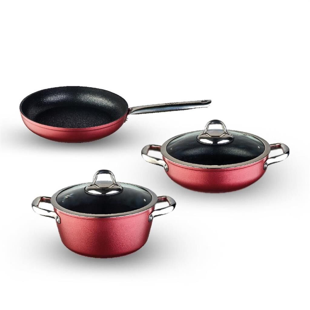 Leggno Master Daily Metalik Kırmızı 5 Parça Tencere Set (22Cm Derin Tencere + 26Cm Sığ Tencere + 26Cm Tava)