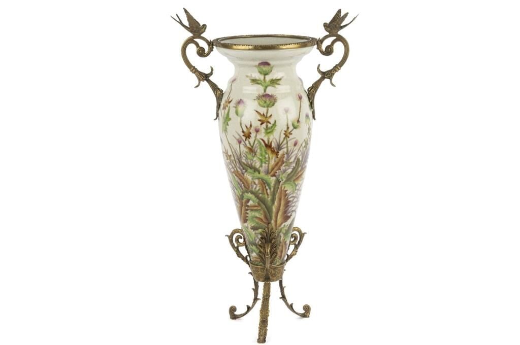 Mikasa Moor Krem Çiçek Bronz Kuşlu Ayaklı Vazo 27x47cm