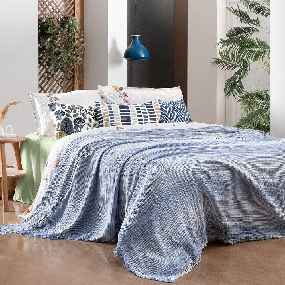 Sarev Nelson Mavi Çift Kişilik %100 Pamuk Yatak Örtüsü Seti