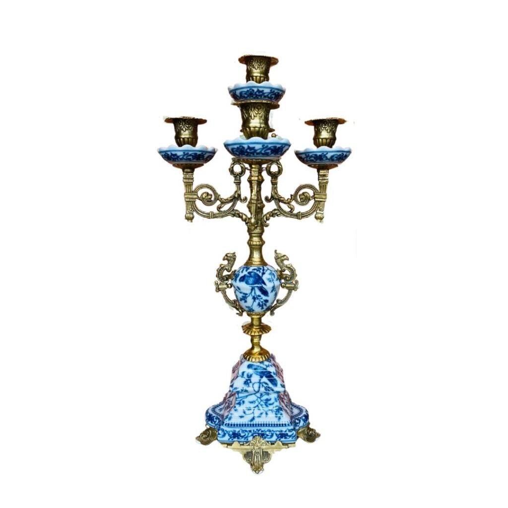 Lukcy Art Mavi Kuşlu Porselen 5Li Şamdan 49cm