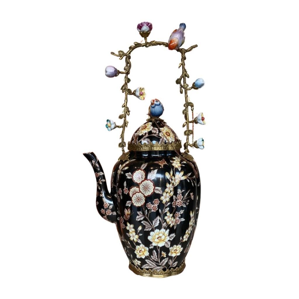 Lucky Art Siyah Çiçeki Porselen Çaydanlık 45cm