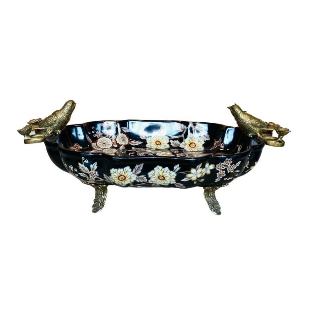 Lucky Art Siyah Çiçekli Porselen Ayaklı Şekerlik 40cm