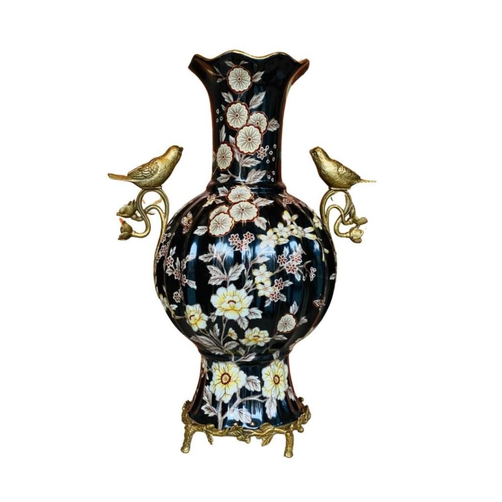 Lucky Art Siyah Çiçekli Porselen Vazo 38cm