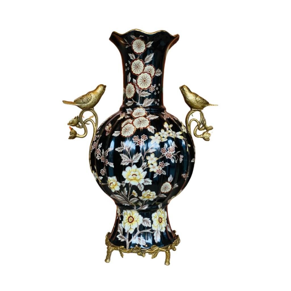 Lucky Art Siyah Çiçekli Porselen Vazo 38cm