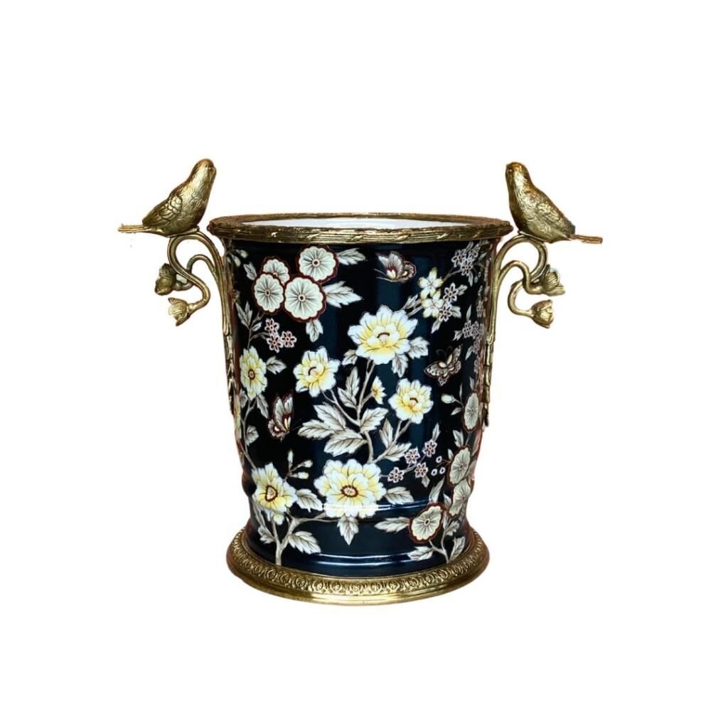 Lucky Art Siyah Çiçekli Porselen Vazo 31cm