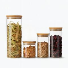 Leggno Vetro 4 'Lü Cam Saklama Kabı Seti (Bambu Kapaklı)