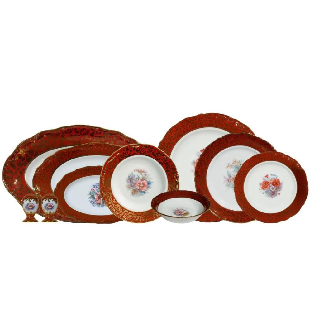 S.Clairy Burgundy Edge Red Flowers 74 Parça 12 Kişilik Yemek Takımı