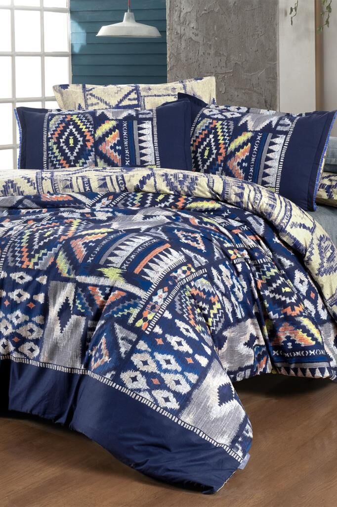 Sarev Gilya Mavi Çift Kişilik %100 Pamuk Poplin Çift Taraflı Nevresim Takımı