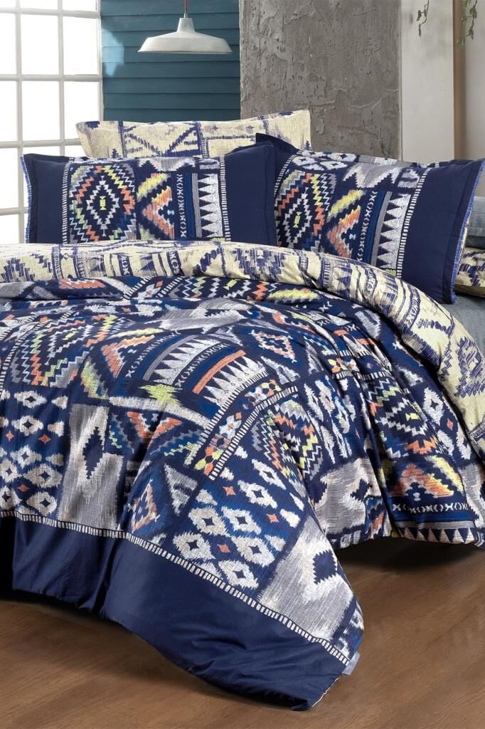 Sarev Gilya Mavi Çift Kişilik %100 Pamuk Poplin Çift Taraflı Nevresim Takımı