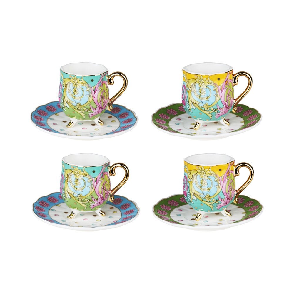 Lucky Art Estelle Bone Porselen Karışık Desenli 4 lü Ayaklı Kahve Fincanı Seti