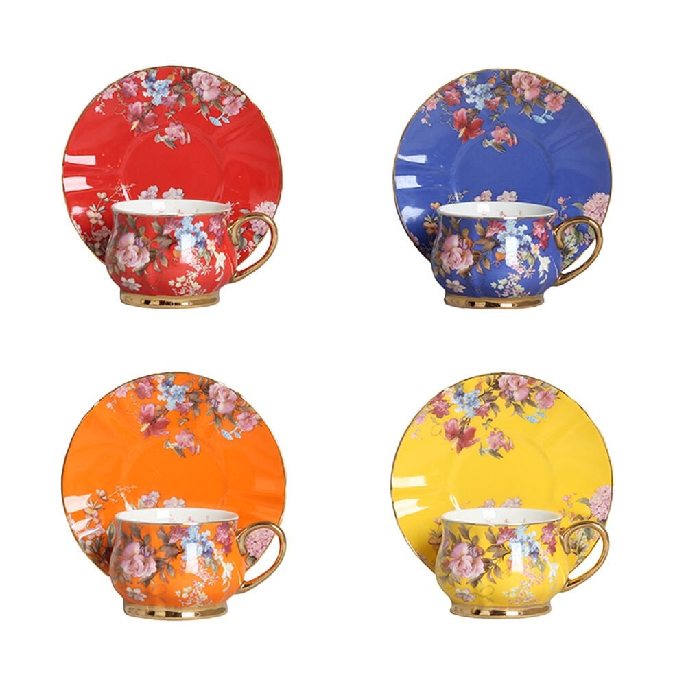 Lucky Art Hilda 4lü New Bone China Porselen Renkli Çiçek Desenli Kahve Fincanı Seti