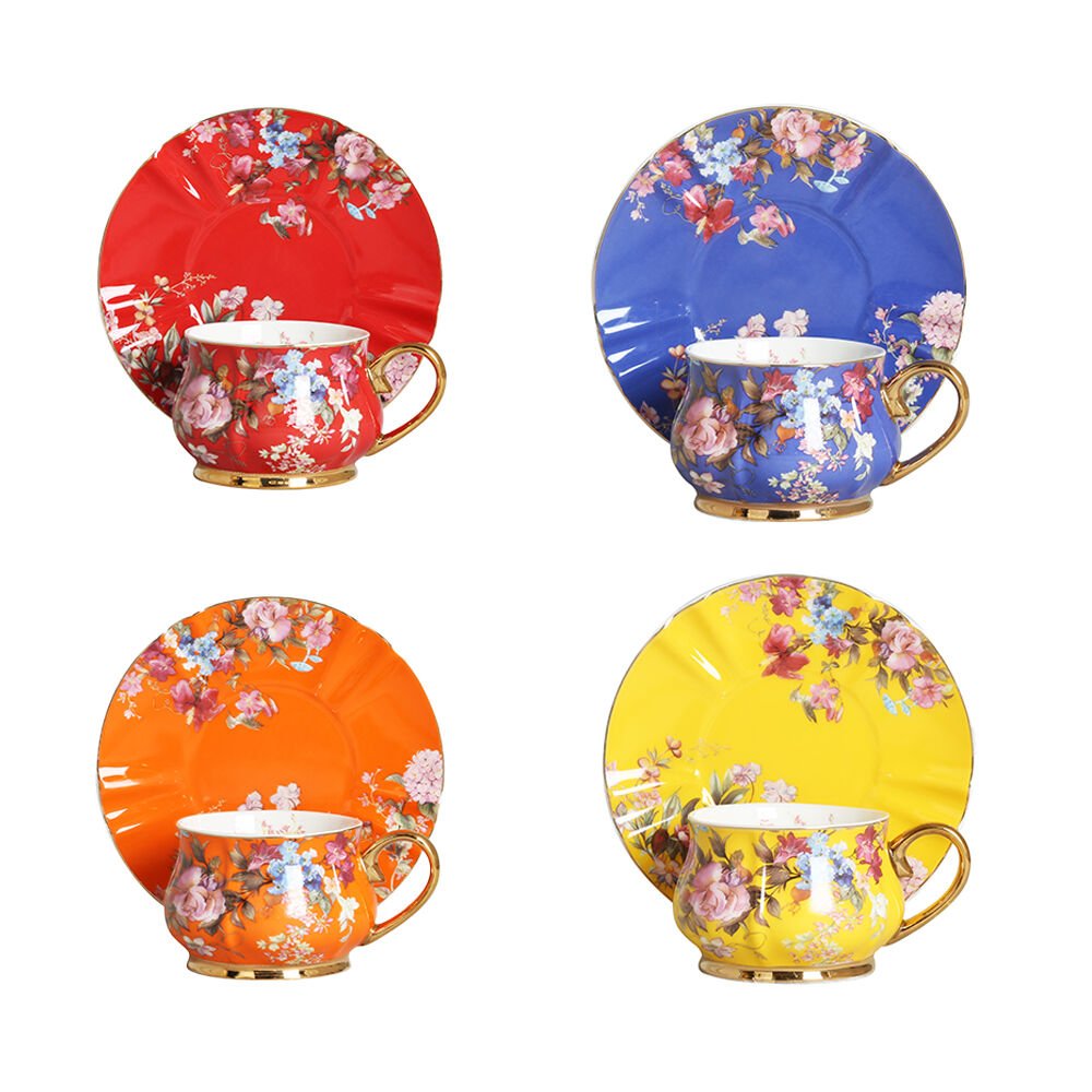 Lucky Art Hilda 4lü New Bone China Porselen Renkli Çiçek Desenli Çay Fincanı Seti