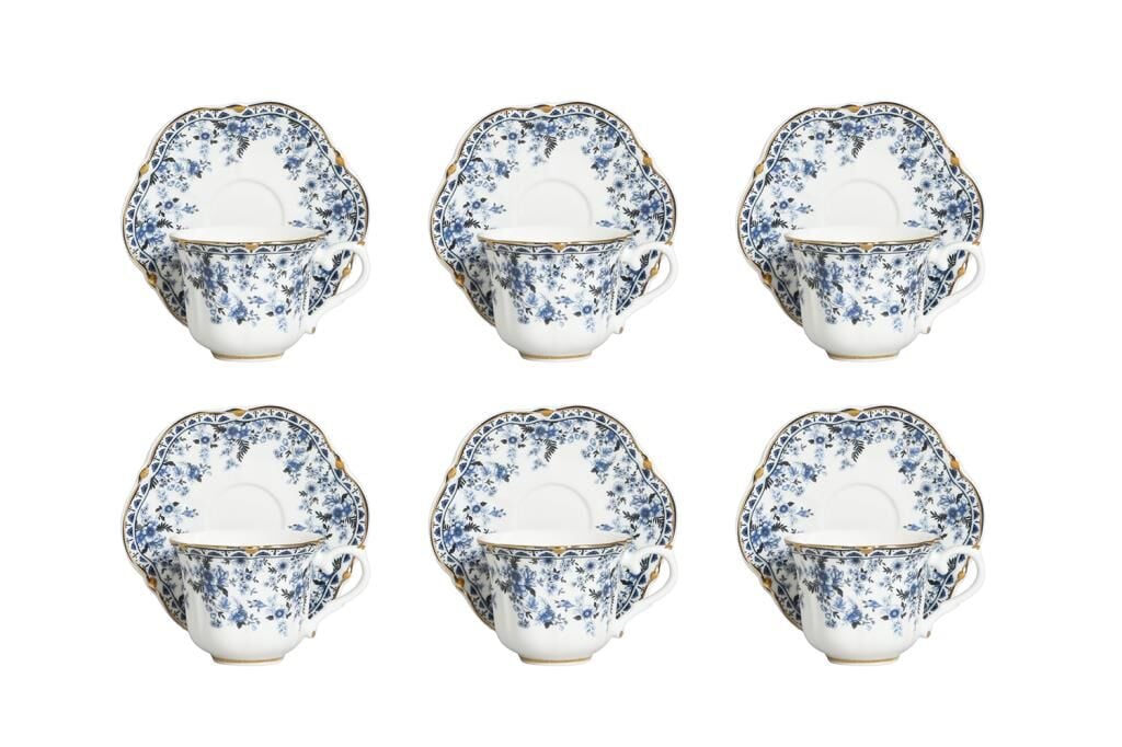 Lucky Art Clarice New Bone China Porselen Mavi Küçük Çiçek Desenli 6 lı Kahve Fincanı Seti