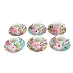 Lucky Art Peony Desenli 6 lı Bone China Porselen Kahve Fincanı seti 100 ml