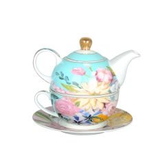 Lucky Art Peony Desenli Bone China Porselen Tek Kişilik Demlik Fincan Seti