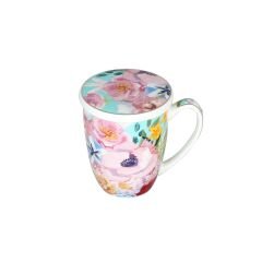 Lucky Art Peony Desenli Bone China Porselen Kapaklı ve Süzgeçli Kupa 570 ml