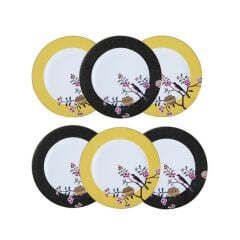 Lucky Art Lucile Siyah Sarı Kuş Desenli 6'lı Porselen Servis Tabağı Seti 28 cm