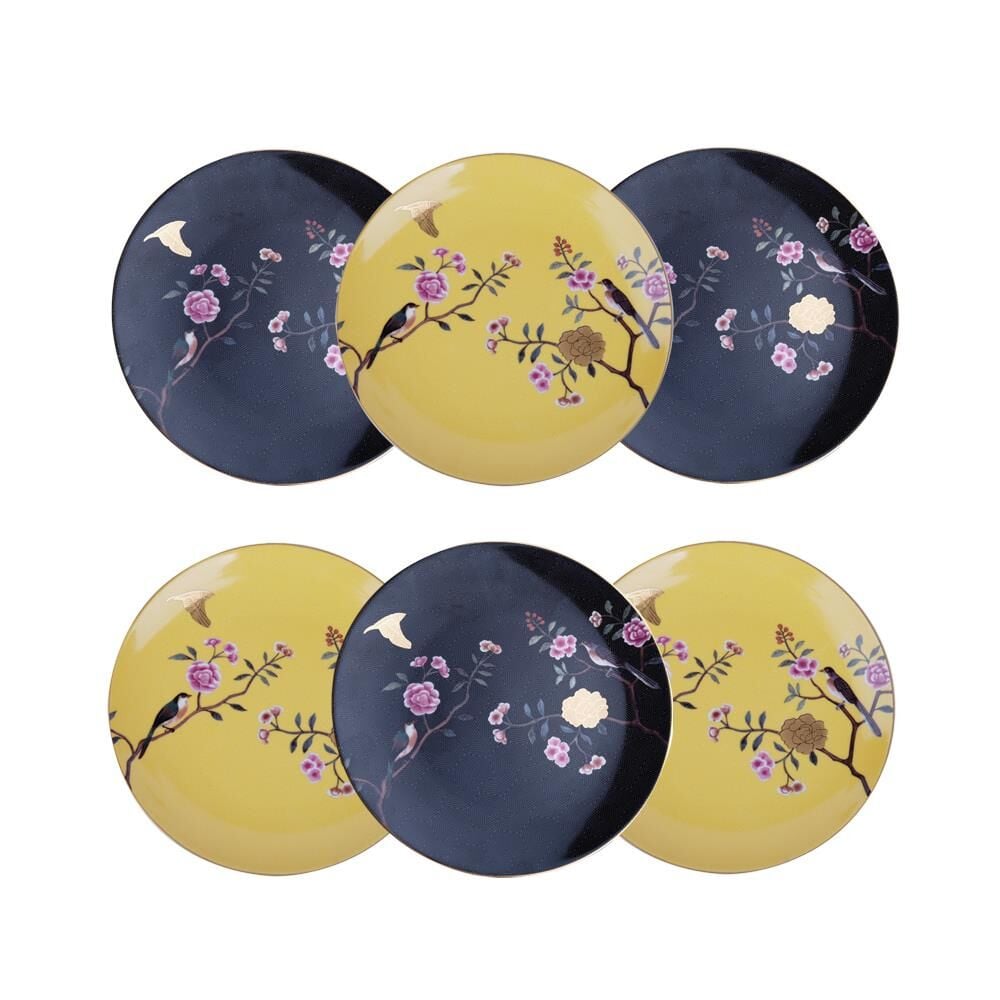 Lucky Art Lucile Siyah Sarı Kuş Desenli 6'lı Porselen Pasta Tabağı Seti 20 cm