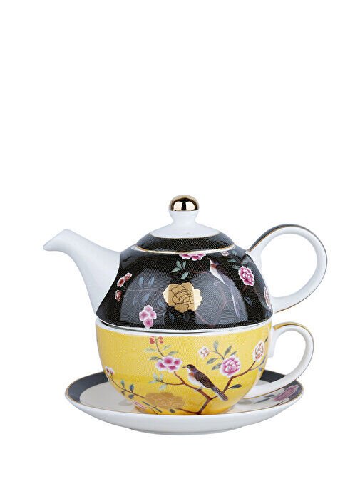 Lucky Art Lucile Sarı Siyah Kuş Desenli Porselen Tek Kişilik Demlik Fincan Seti