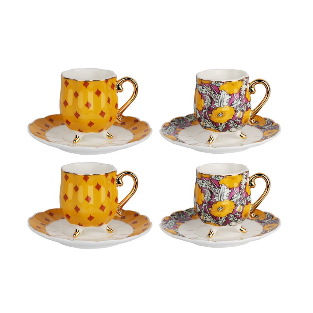 Lucky Art Elıana Bone Porselen Karışık Desenli 4 lü Ayaklı Kahve Fincanı Seti