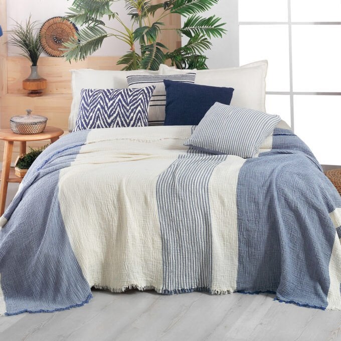 Sarev Delphi Mavi Çift Kişilik %100 Pamuk Yatak Örtüsü