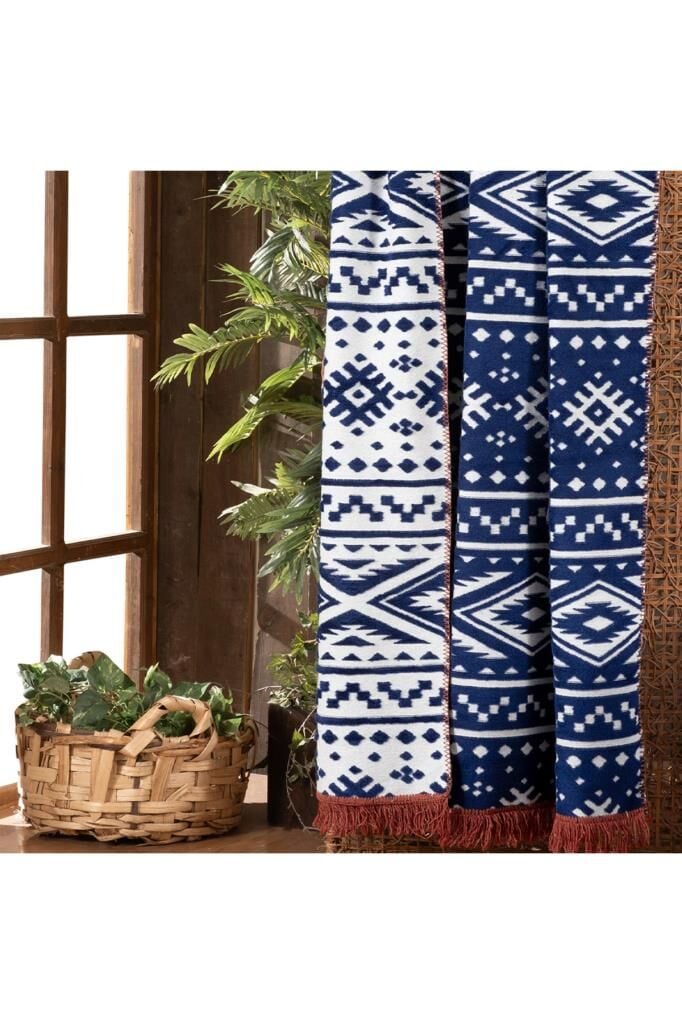 Sarev Etno Lacivert Tek Kişilik Pamuklu Battaniye 160*220 Cm