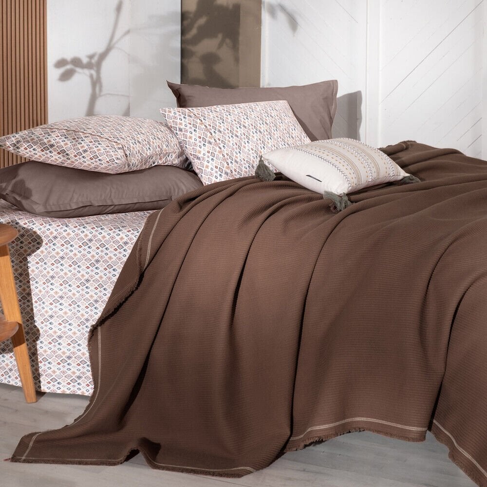 Sarev Abel Kahve Çift Kişilik %100 Pamuk Pike Takımı-Gri Sarı