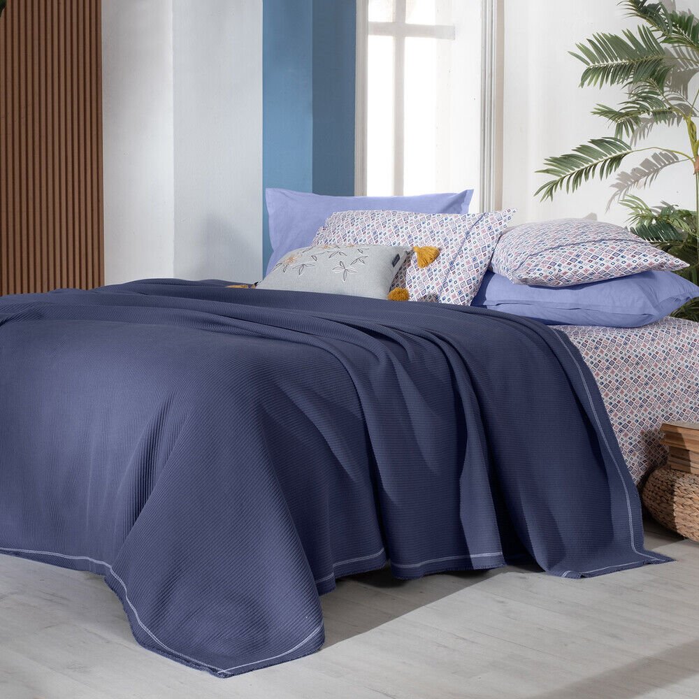 Sarev Abel Lacivert Çift Kişilik %100 Pamuk Pike Takımı- Sarı Bej