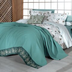 Sarev Eva Jadon Yeşil Tek Kişilik %100 Pamuk Nevresim Takımı ve Pike Seti-Renkli